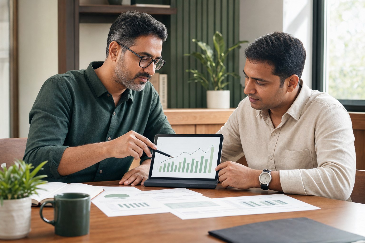 A business owner and advisor reviewing monthly financial performance