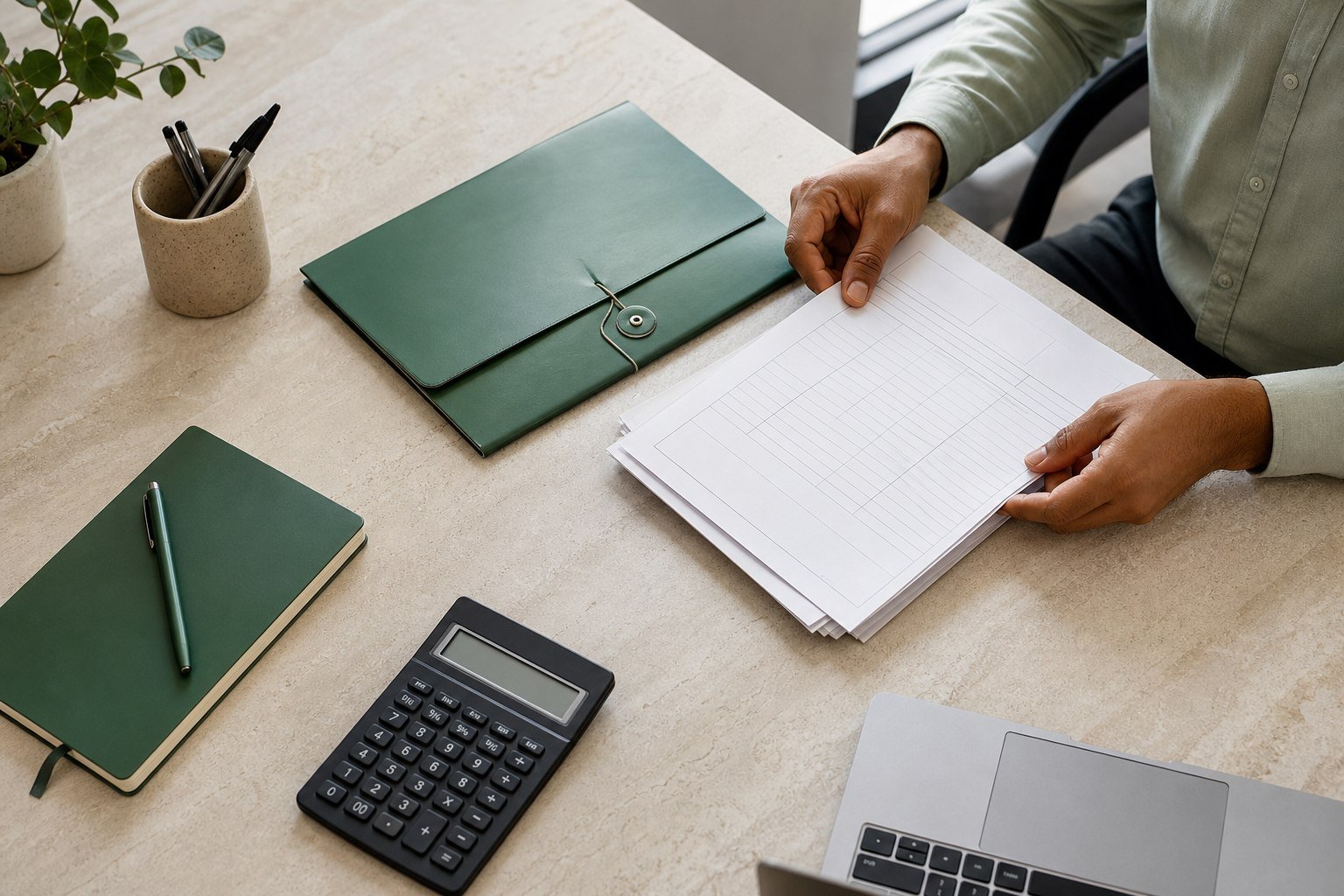 A professional organising financial records beside a calculator and laptop