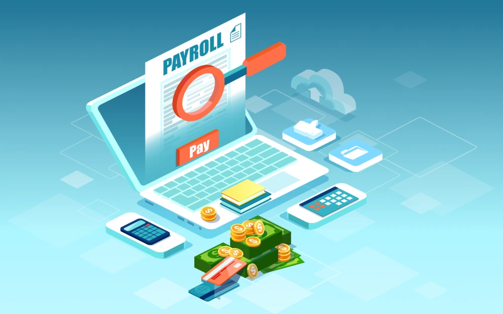Accounting professional reviewing monthly reports and payroll